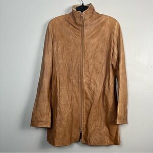 Vintage leather factory brown tan zip up coat size large